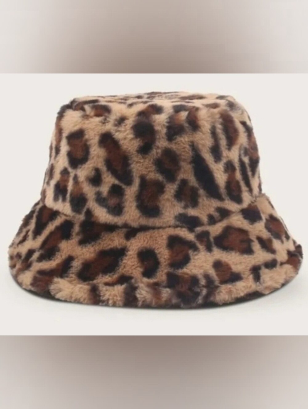Fuzzy Leopard Print Faux Fur Bucket Hat | Brown Tan Animal Print - Picture 7 of 9